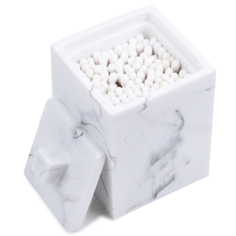 Jung Ford Qtip Holder for Bathroom with Lid â€“ Square Cotton Swab Organizer, Cotton Ball Dispenser, Makeup Pad Container â€“ Marble Look Resin Vanity Storage (White) - Image 1